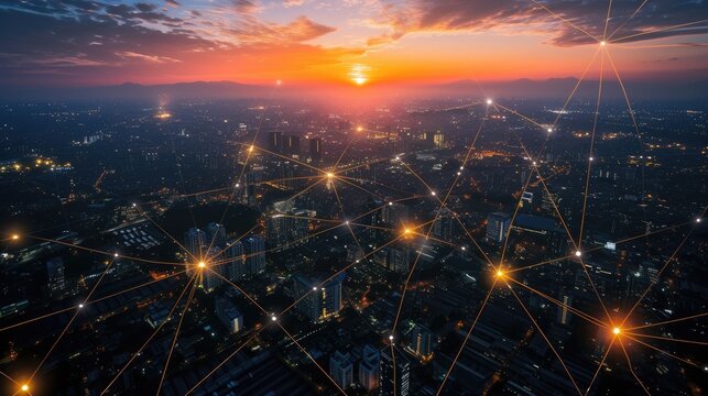 Aerial view cityscape at night with skyline and connectivity link of light grid concept of connection