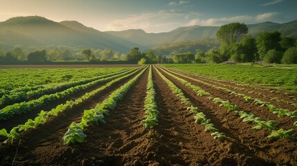Fototapeta na wymiar eco friendly farm with rows of organic crops beautiful mountains under a clear sky.