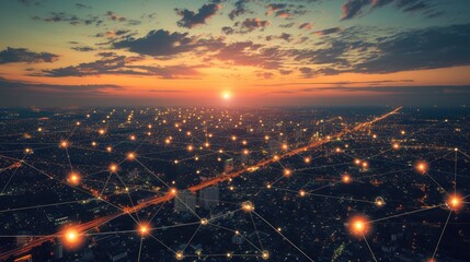 Aerial view cityscape at night with skyline and connectivity link of light grid concept of connection