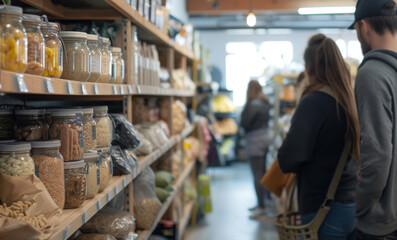 a couple shopping in a zero waste store with customers shelve stock with reusable product - obrazy, fototapety, plakaty