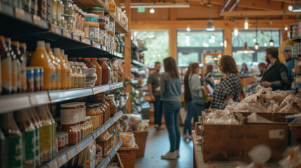 Fototapeta premium grocery store with shelves stocked with products and customers shopping.