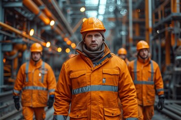 Team of industrial workers in safety gear at a plant