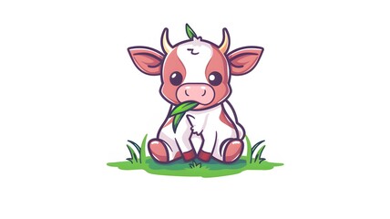 Obraz na płótnie Canvas Cute cow sitting and eating grass cartoon vector icon illustration animal nature icon isolated flat on white background --ar 16:9 --v 6