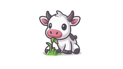 Obraz na płótnie Canvas Cute cow sitting and eating grass cartoon vector icon illustration animal nature icon isolated flat on white background --ar 16:9 --v 6