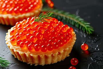 Close up of red caviar tartlets on a black background highlighting seafood s health benefits