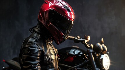 Rider Rebel A tough and fearless biker in a sleek, black leather jacket, with a fierce red motorcycle helmet and a shining black motorcycle in the background.