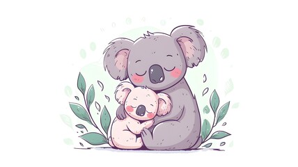 Cute koala eating leaf cartoon . animal nature icon concept isolated . flat cartoon style on white background --ar 16:9 --v 6