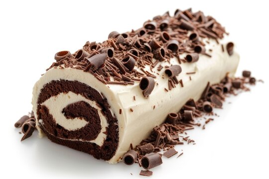Isolated picture of a chocolate Swiss roll cake on white background