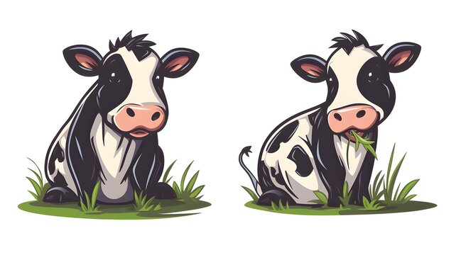 Cute cow sitting and eating grass cartoon vector icon illustration animal nature icon isolated flat on white background --ar 16:9 --v 6