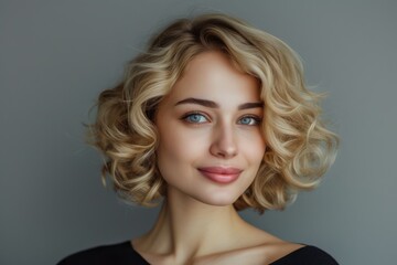 Fototapeta premium Smiling blonde girl with curly bob hair on gray backdrop