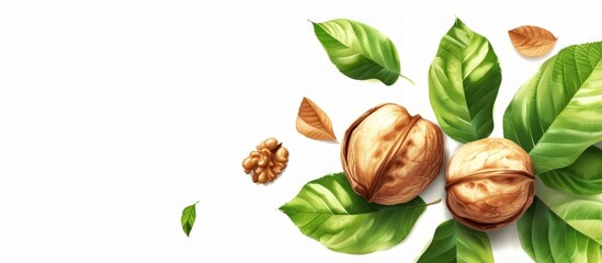 Delicious fresh ripe walnut seeds with green leaves isolated on white background. AI generated image - obrazy, fototapety, plakaty