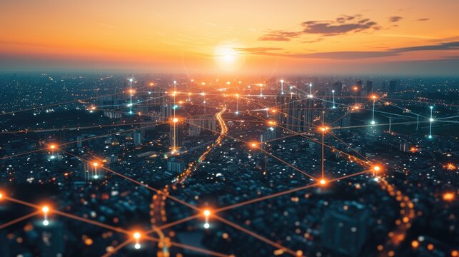 Aerial view cityscape at night with skyline and connectivity link of light grid concept of connection