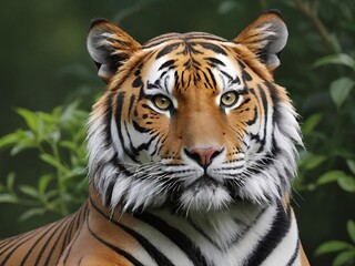 Fototapeta premium Close up of a tiger, showcasing its intense gaze and beautiful stripes, set against a backdrop of lush green foliage. Generative AI.