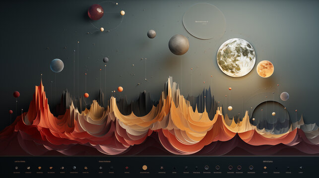 Background wallpaper with mountains, lava and moon,constellation illustration