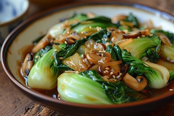 Baby bok choy in oyster sauce with mushrooms and garlic - obrazy, fototapety, plakaty