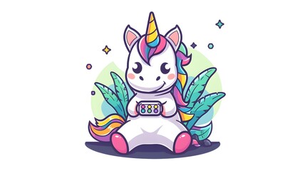 Cute unicorn playing game illustration. unicorn mascot cartoon character. animal concept isolated flat cartoon on white background --ar 16:9 --v 6