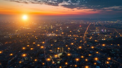 Cityscape at night with skyscrapers and futuristing light grid connections glowing.