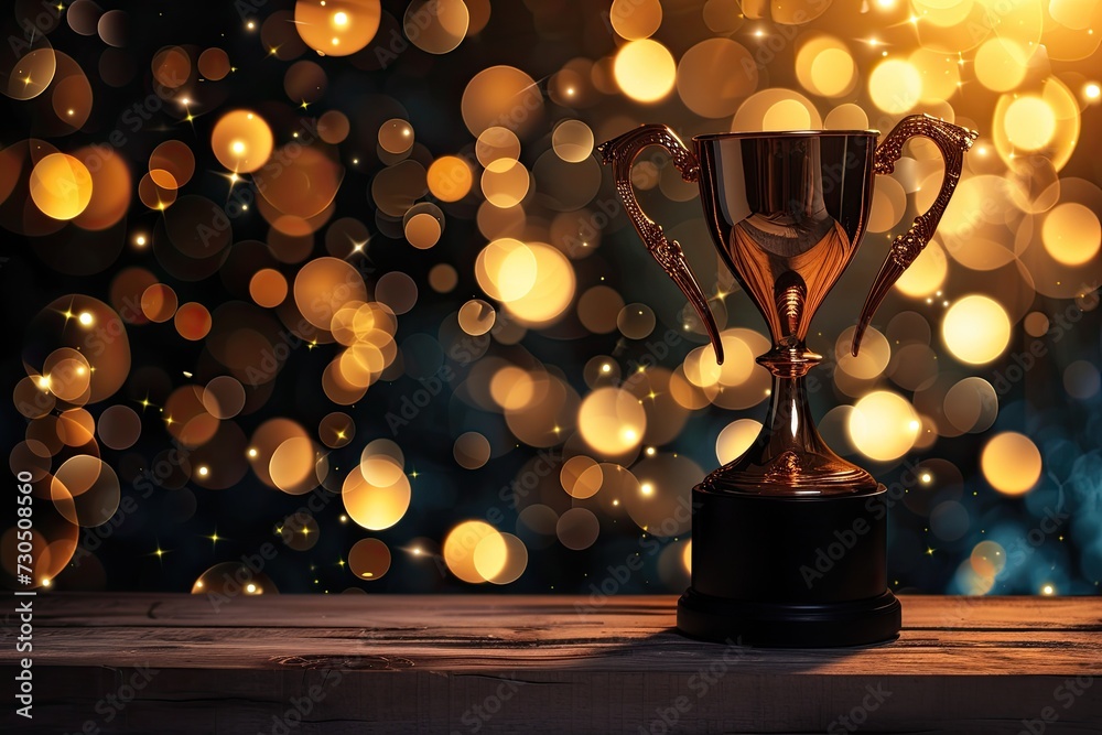 Wall mural subdued picture of trophy on table with abstract shimmering lights on dark background