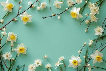 Top view of daffodils and willow in a spring flat lay on pastel green background