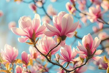 Stunning blooming magnolia tree in spring with beautiful pink flowers against a blue sky background...