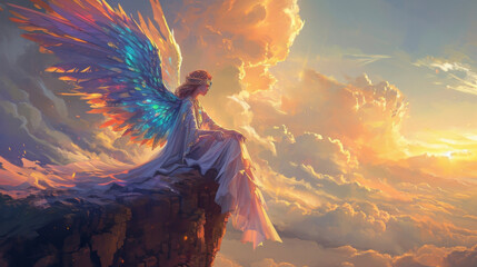 A regal angel with wings of sapphire and emerald perched on a cliff as the sun paints the clouds in shades of tangerine and magenta.