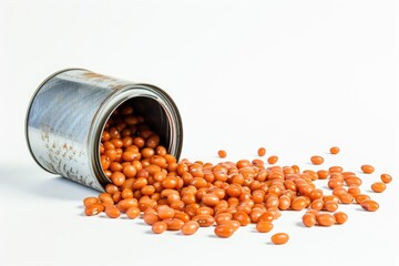 Tin of baked beans spilled on white surface