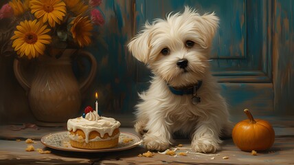 Cute white dog with birthday cake --ar 16:9 --stylize 750 --v 6