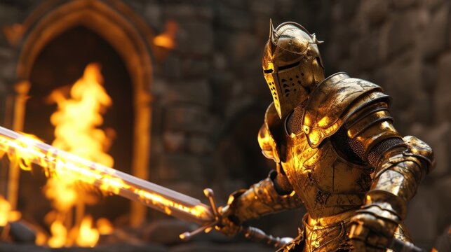 Cartoon digital avatars of Fierce Knight In gold armor, with flames erupting from his sword as he battles fearsome dragons and other mythical creatures within the castle walls.