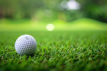 Obraz premium Golf club on green grass field with close up ball