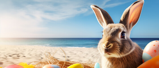 Easter bunny on the beach sunbathing
