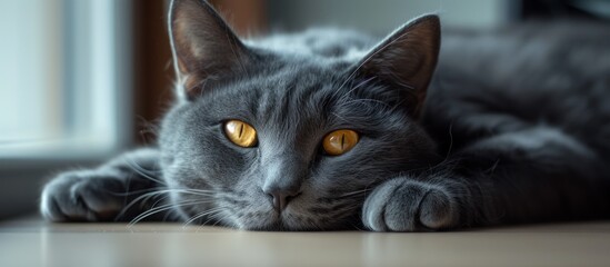 A tired gray cat on a desk, watching the camera with yellow eyes.