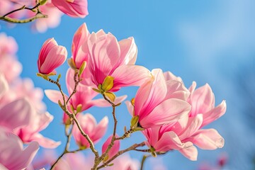 Obraz premium Pink Magnolia blossom against blue sky in botanical garden during spring
