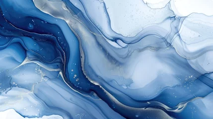 Fotobehang Abstract painting of liquid ink on paper with a marbled blue and silver background. © OLGA