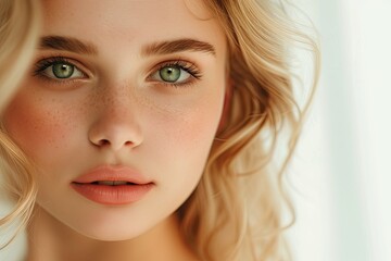 Fototapeta premium Advertisement for a beauty salon showcasing a youthful blonde woman with minimal makeup and natural styling Promoting natural cosmetics and skincare for the face