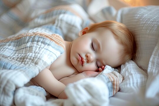 Close up photo of cute infant boy peacefully sleeping in a bed representing a one year old baby