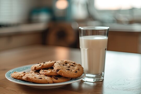Cookies and milk on table in modern kitchen