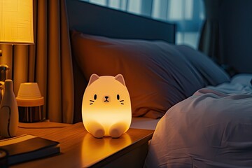 Adorable cat shaped lamp on a night table next to a bed