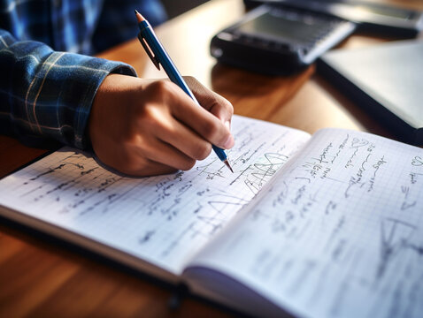 A person engrossed in solving complex equations with numbers and symbols on a blackboard.