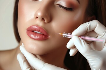 A cosmetologist in gloves giving a lip injection to a woman