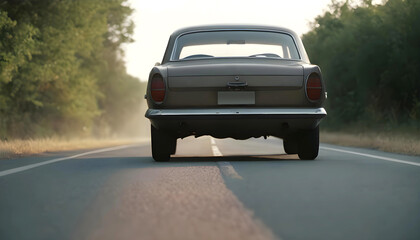 Fototapeta na wymiar vintage car running on the road in daylight. back of the car, beige, gray car