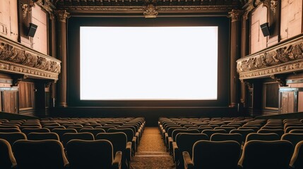 White screen projected from cinematograph displayed in movie theater in front of rows of seats. - obrazy, fototapety, plakaty