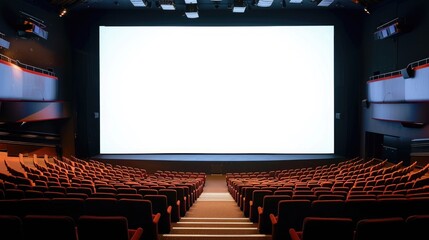 Empty white movie screen displayed in cinema theatre. - obrazy, fototapety, plakaty