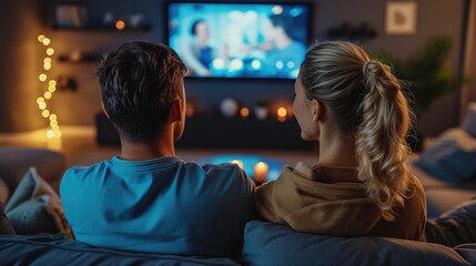 Young couple sitting on sofa watching TV hugging relaxed