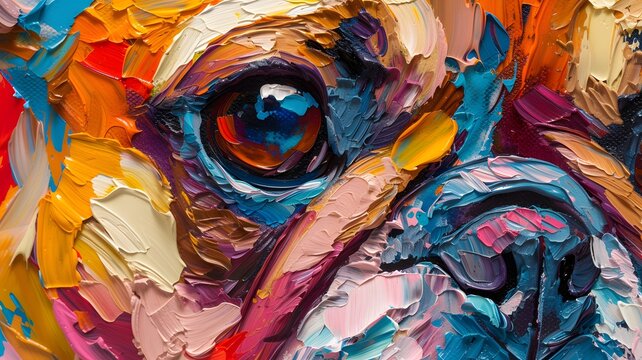Oil dog portrait painting in multicolored tones. Conceptual abstract painting of a french bulldog muzzle. Closeup of a painting by oil and palette knife on canvas --ar 16:9 --v 6