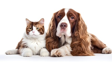 Portrait of a dog Russian Spaniel and cat Scottish Straight isolated on white background --ar 16:9