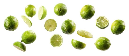 Group flying fresh green lime fruits isolated on white background. AI generated image