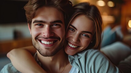 Closeup portrait of young Caucasian couple hugging with a big smile in home