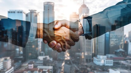 Successful business deal portrayed through double exposure image of businesspeople shaking hands against city office building backdrop - obrazy, fototapety, plakaty