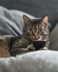Tabby cat looking at smartphone and holding it with paws