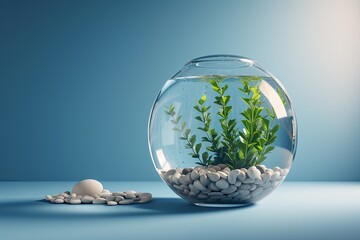 Decorative blue background features glass fish bowl with plant clear water and pebble